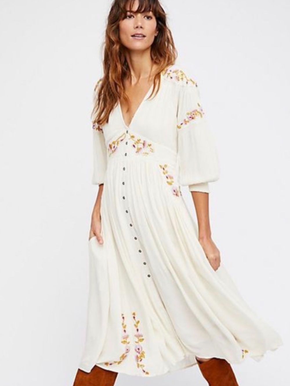 Free People Cream Midi Dress with Pink & Yellow Embroidery